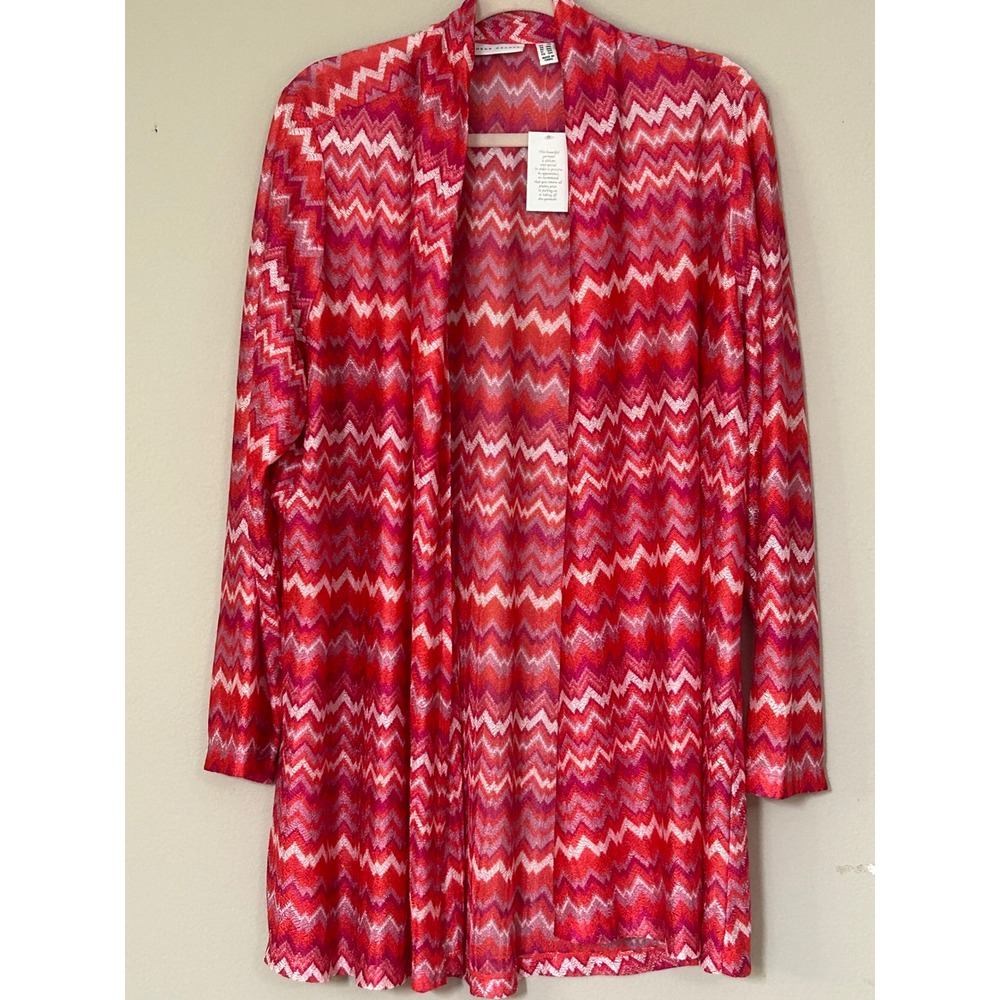 Susan Graver Womens 2X Red Pink Chevron Zigzag Open Front Knit Cardigan NEW